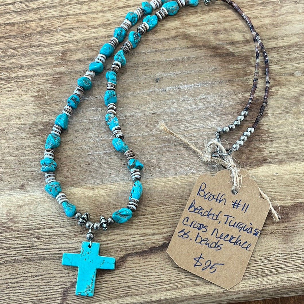 Beaded, turquoise stone cross (turquoise) necklace -Sterling silver beads