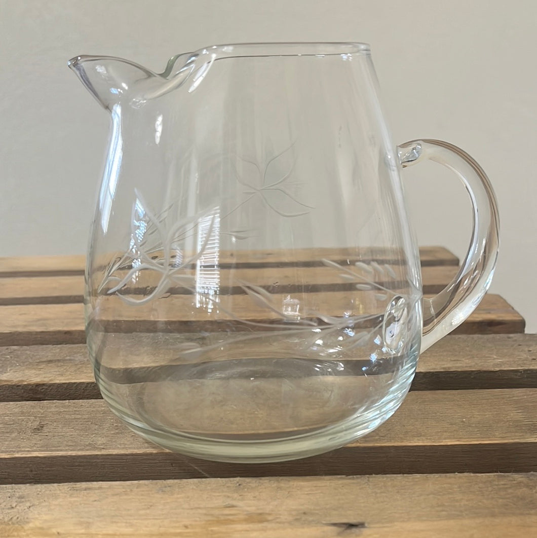 Etched Small Glass Pitcher. 5 1/2”