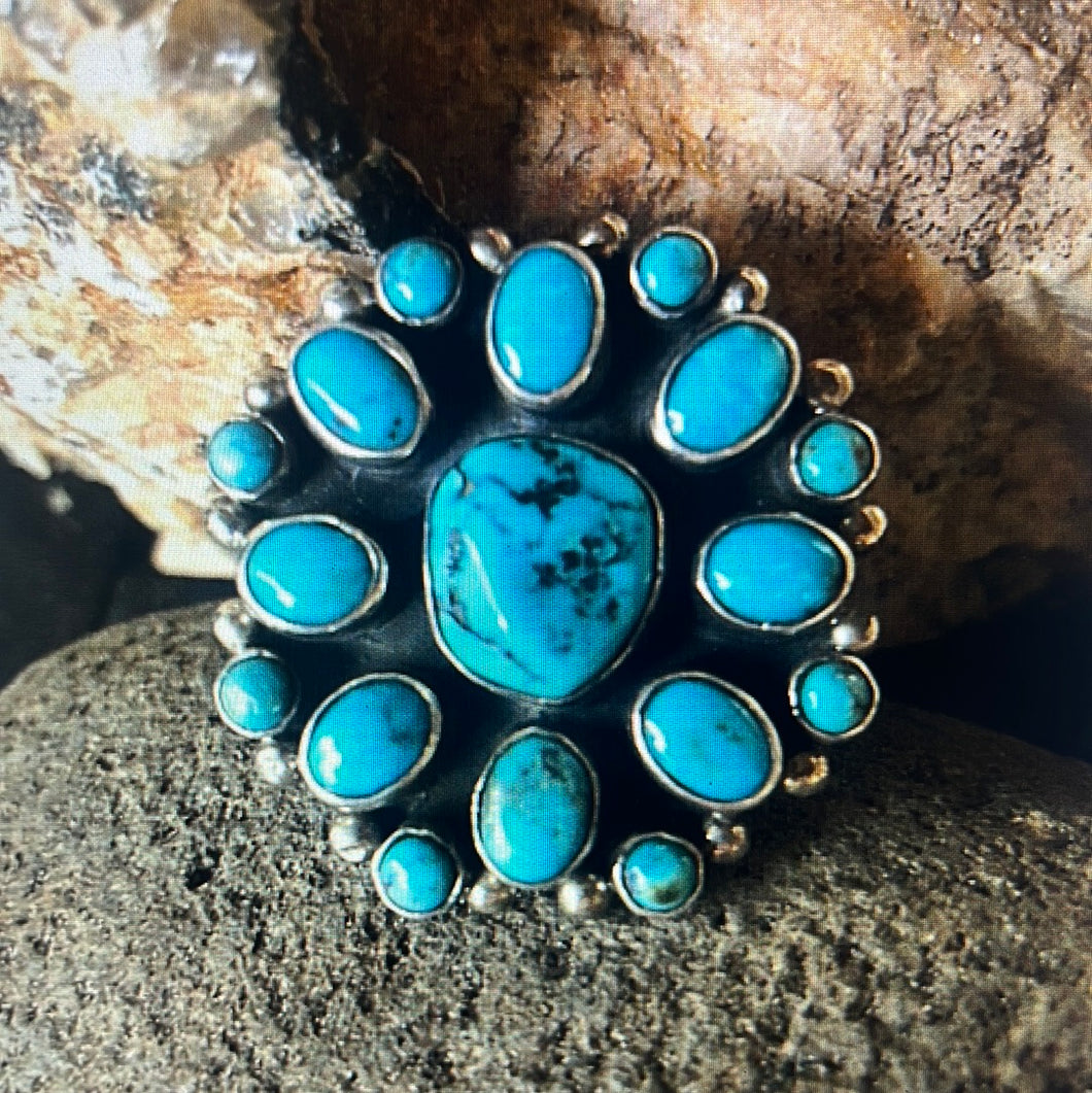 Ring - Huge Turquoise Cluster & Sterling Silver Ring - Chimney Butte signed