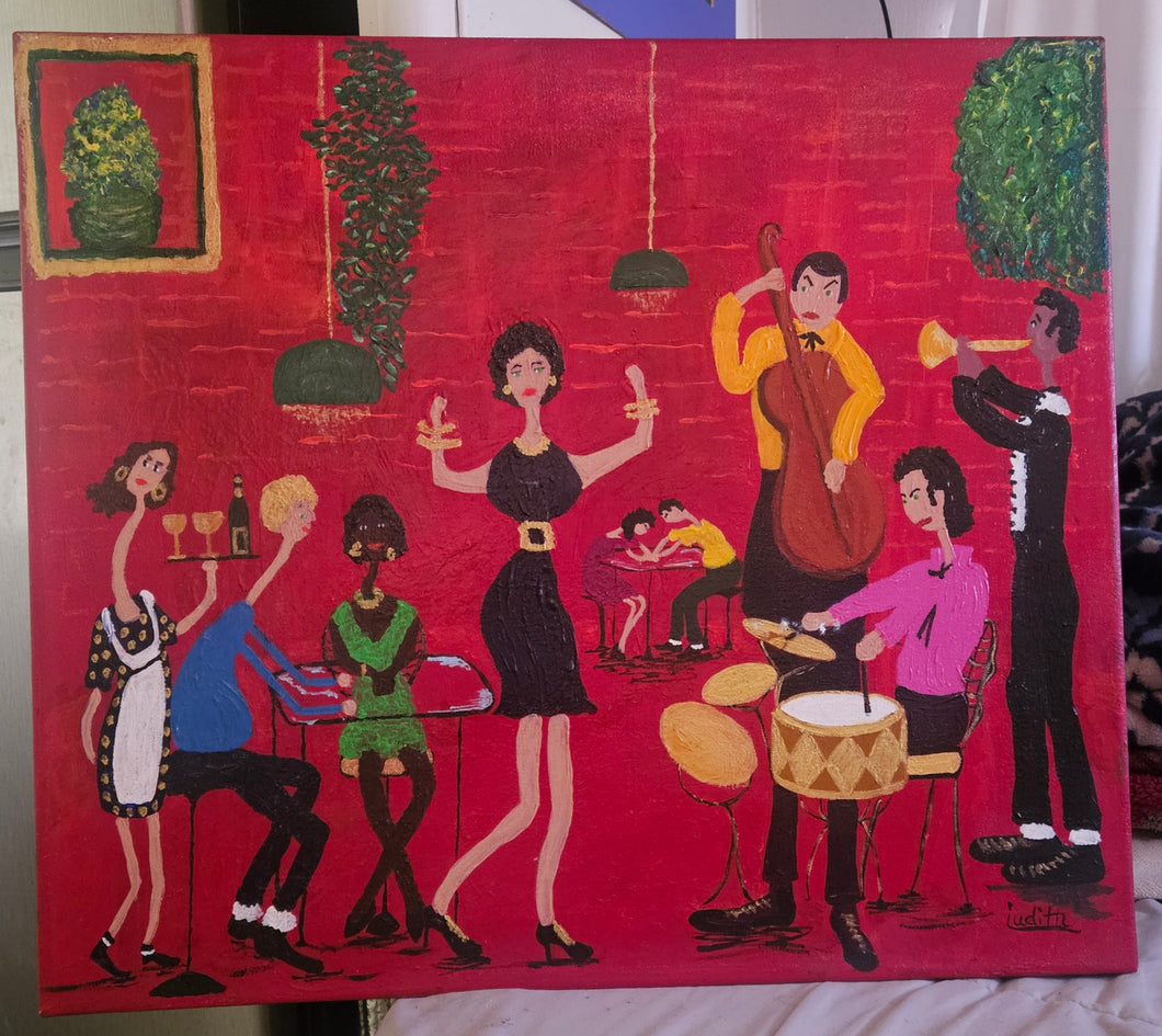 Swing Cafe. Jammin' at the local café. 20 x 24 acrylic on canvas. Booth 2.