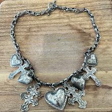 Load image into Gallery viewer, Navajo LJ signed Sterling silver charmed necklace  -puffed hearts &amp; crosses
