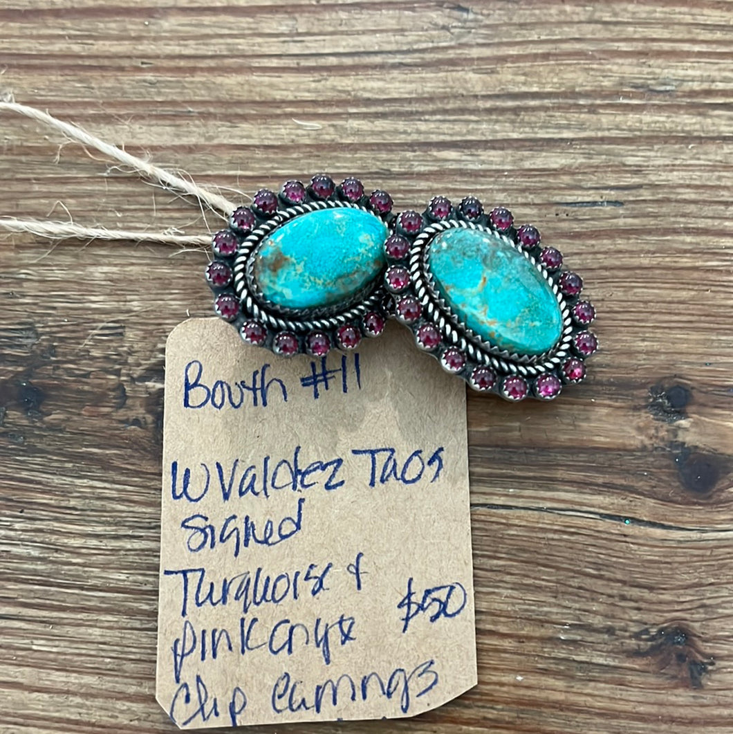 Earrings - W Valdez Taos signed turquoise & pink onyx cluster sterling silver clip earrings