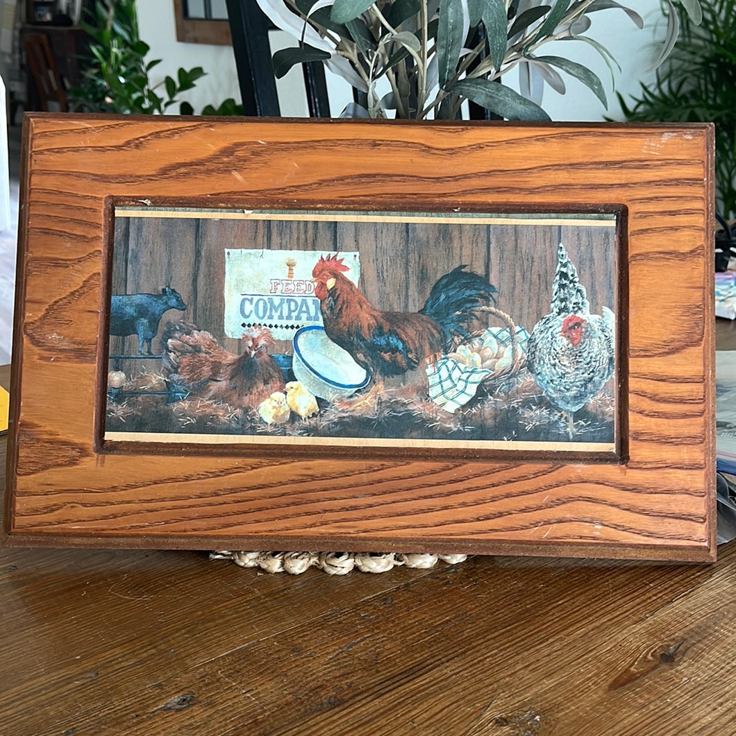 Rooster, chickens -feed company wooden picture