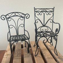 Load image into Gallery viewer, Black Metal Chairs - shelving decor or doll chairs
