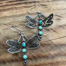 Load image into Gallery viewer, Earrings - F Valdez signed Sterling silver &amp; turquoise stone dragonfly dangle earrings
