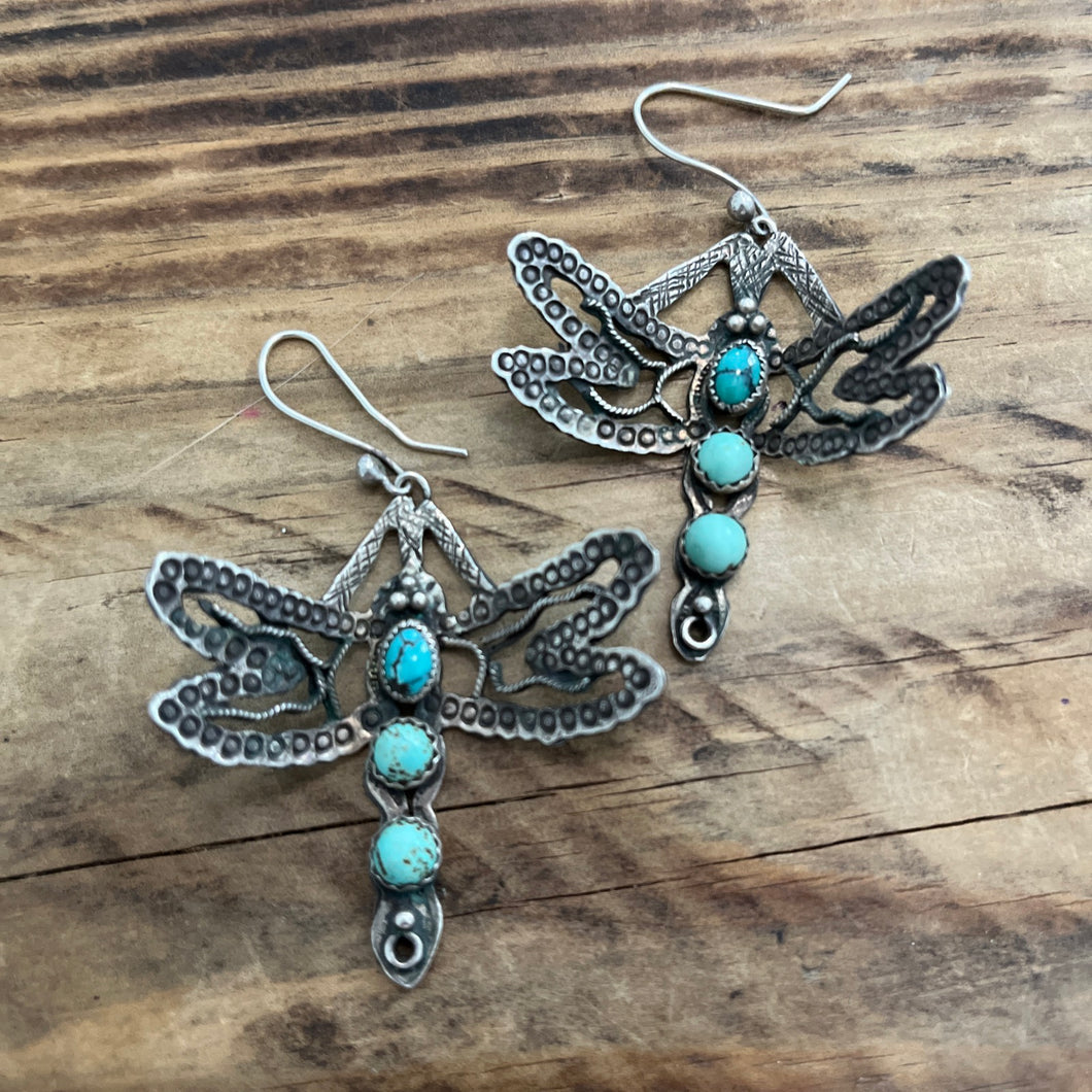 Earrings - F Valdez signed Sterling silver & turquoise stone dragonfly dangle earrings