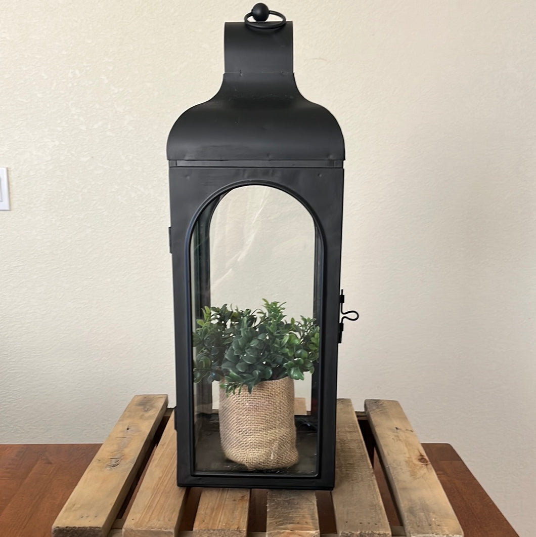 Black Metal Candle Lantern w/ Clear Glass Panels - 19” tall