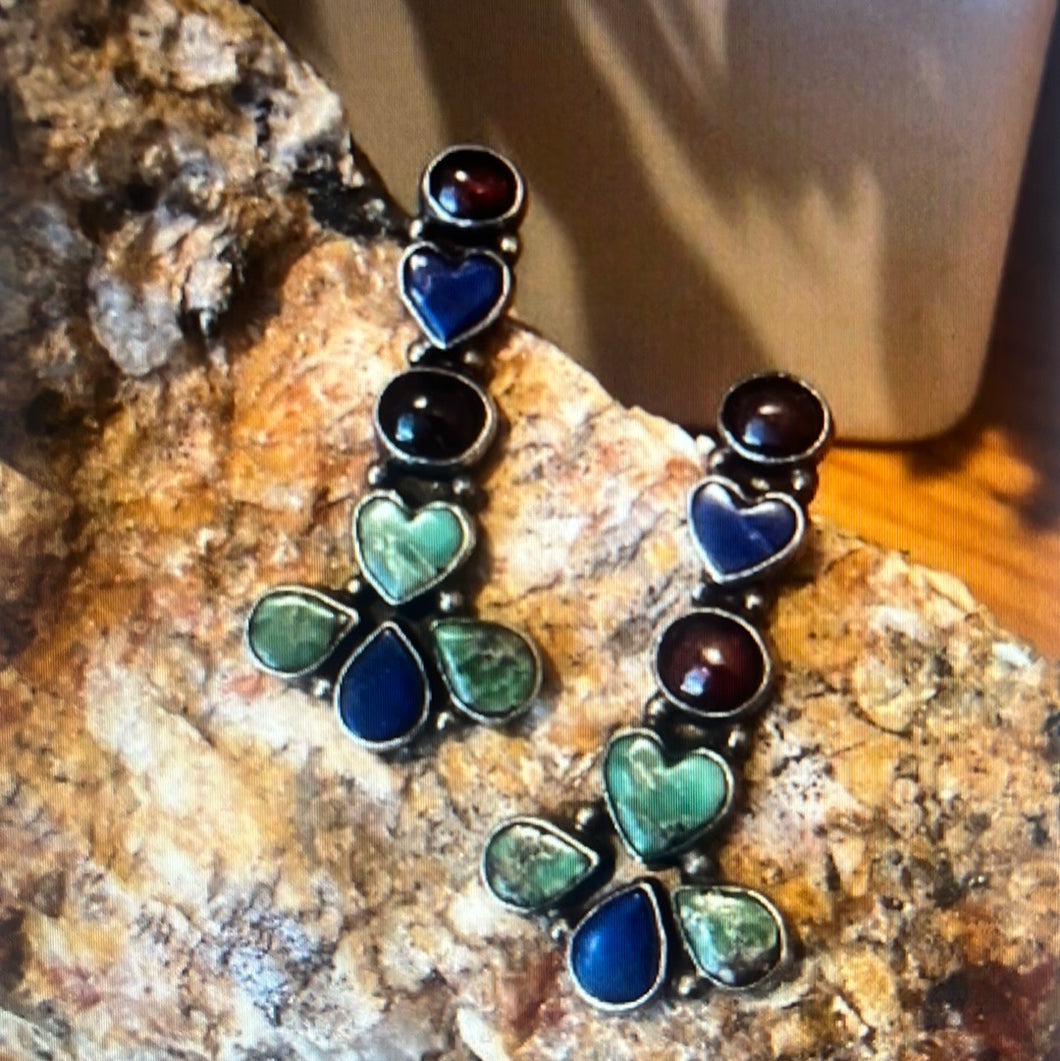 Earrings - Vintage Oscar Betz Patisi posted earrings - garnet, lapis lazuli, turquoise