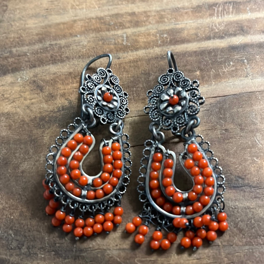 Red Coral beaded Chandelier Earrings