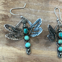 Load image into Gallery viewer, Earrings - Frank Valdez signed  silver dragonfly &amp; turquoise dangle earrings
