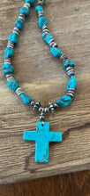 Load image into Gallery viewer, Beaded, turquoise stone cross (turquoise) necklace -Sterling silver beads
