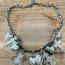 Load image into Gallery viewer, Navajo LJ signed Sterling silver charmed necklace  -puffed hearts &amp; crosses
