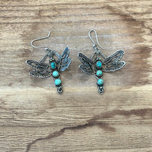 Load image into Gallery viewer, Earrings - Frank Valdez signed  silver dragonfly &amp; turquoise dangle earrings
