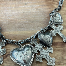 Load image into Gallery viewer, Navajo LJ signed Sterling silver charmed necklace  -puffed hearts &amp; crosses
