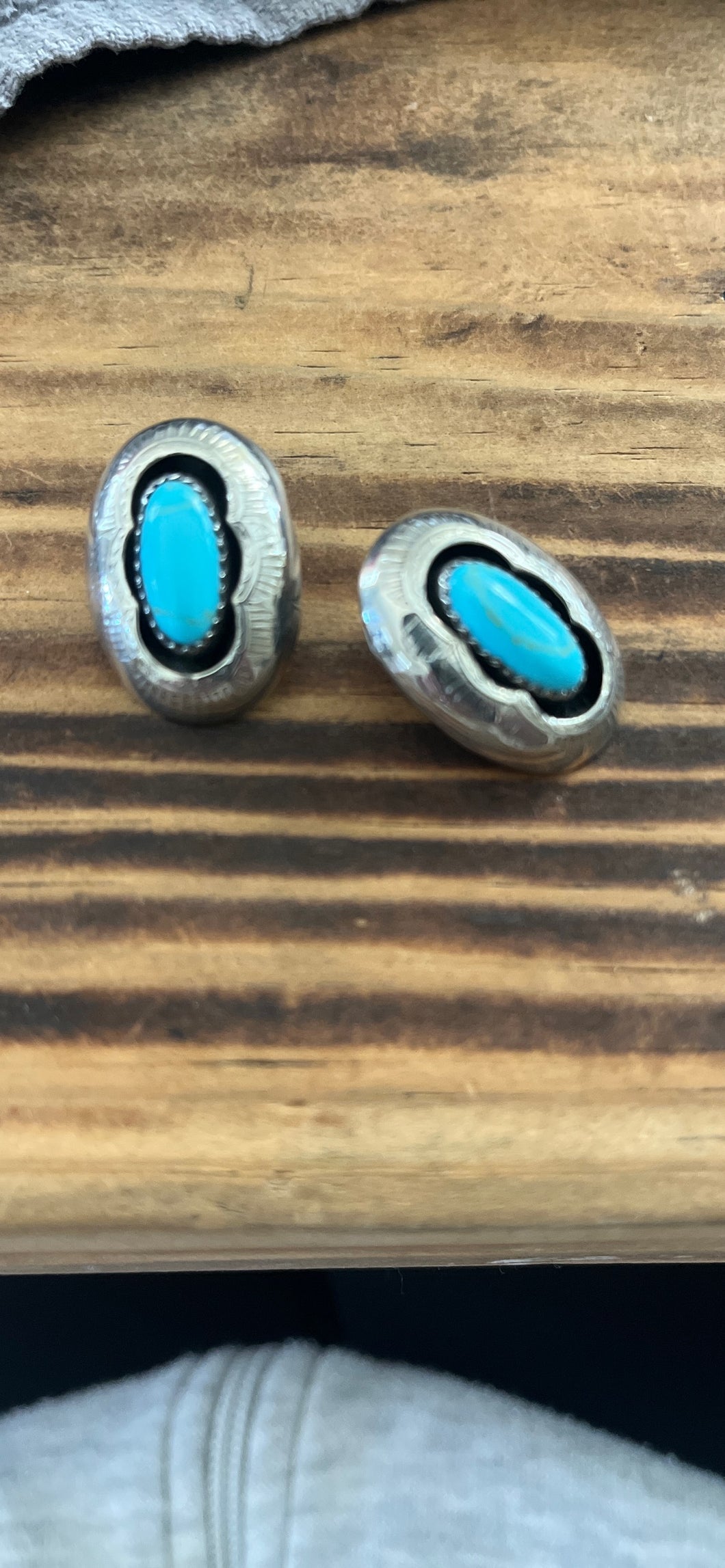 Beautiful Native American  Hand tooled Sterling Silver Turquoise Earrings -posted