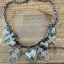 Load image into Gallery viewer, Navajo LJ signed Sterling silver charmed necklace  -puffed hearts &amp; crosses
