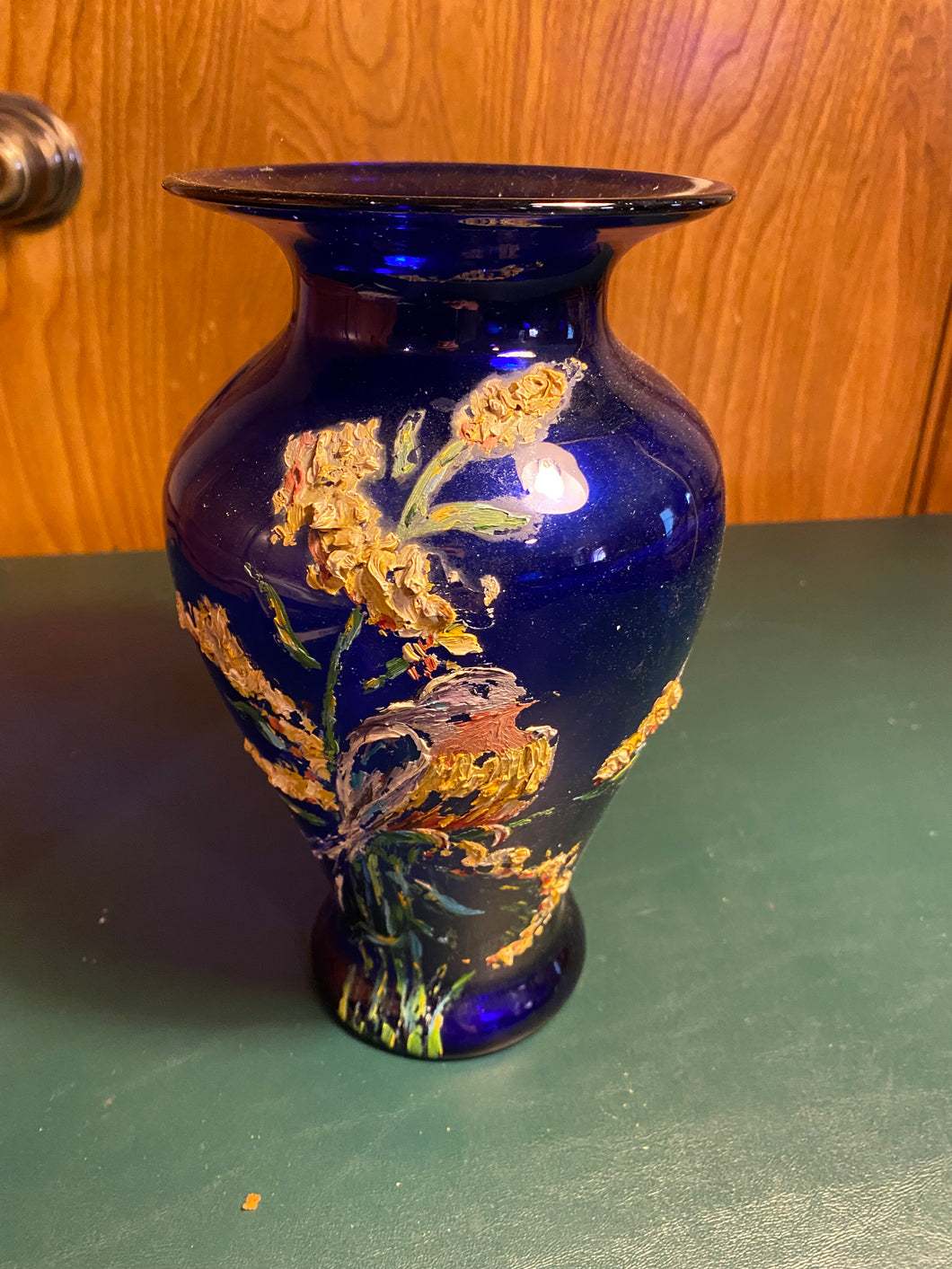 Blue Vase with hand painted yellow flowers