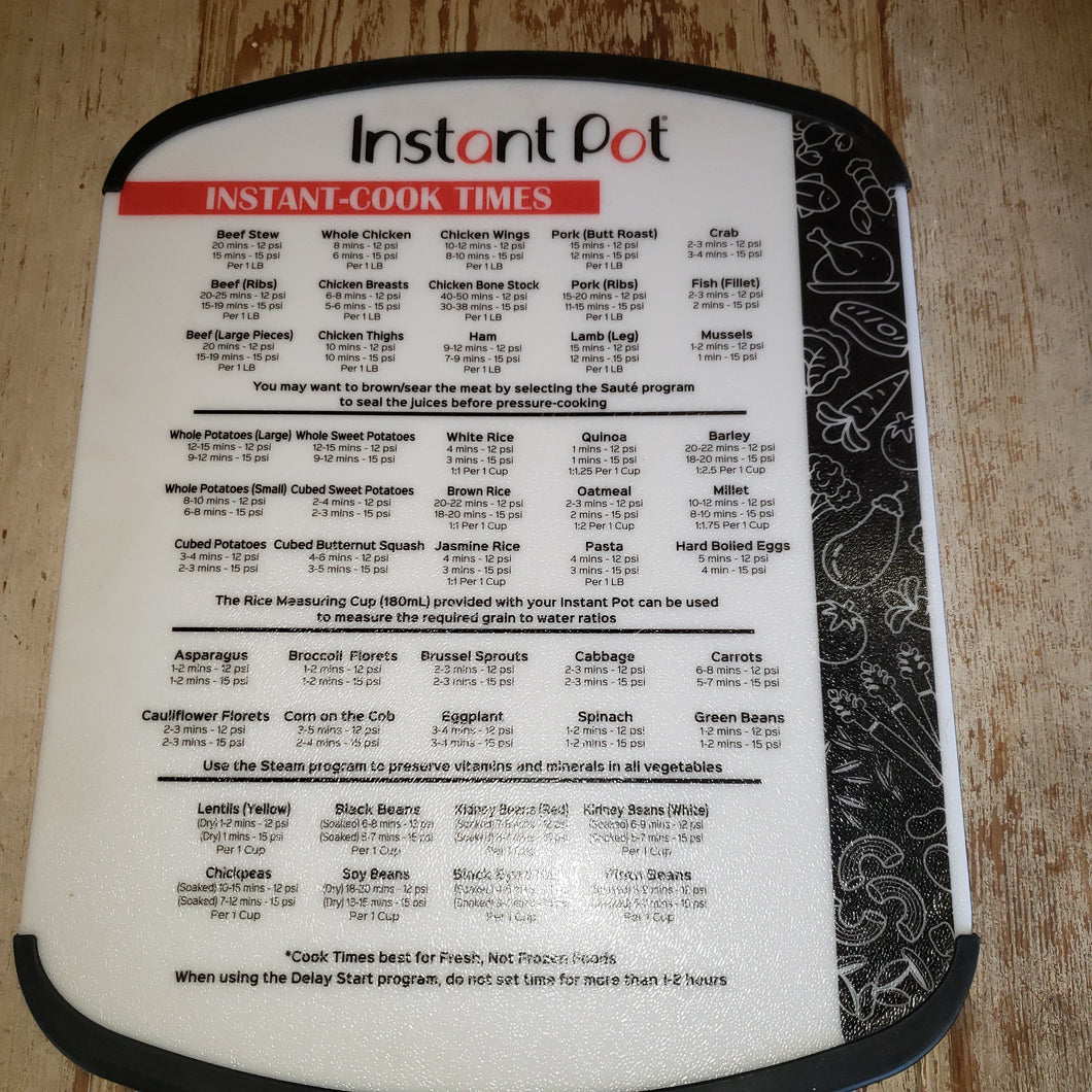 Instapot cutting board with all the settings for cooking