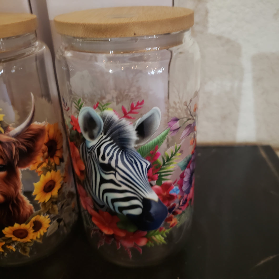 16 oz glass tumbler floral zebra